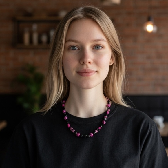 Bright Pink and Black Beaded Plus Stone Necklace - Picture 2 of 5